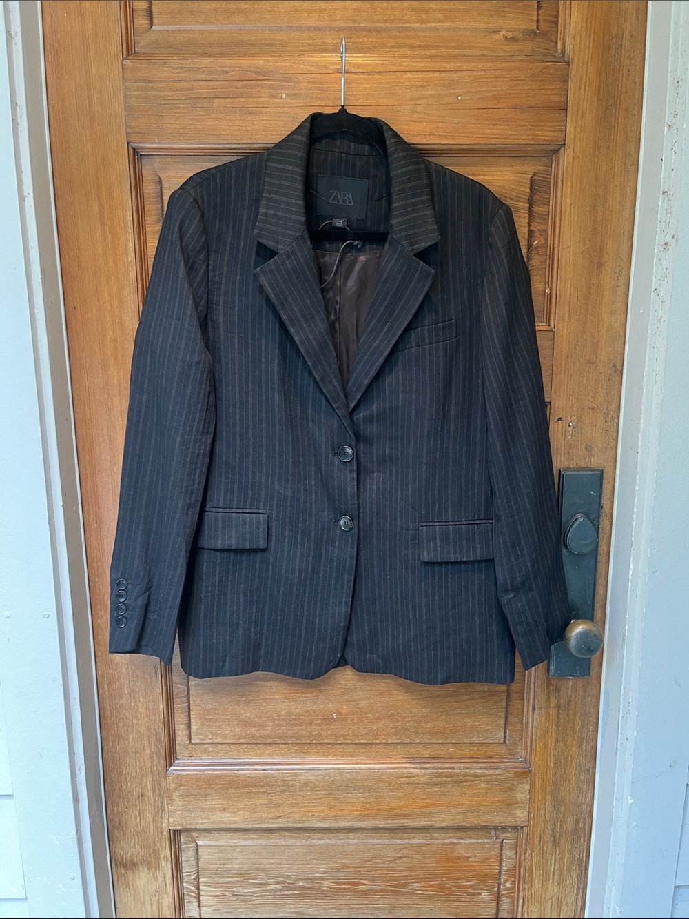 ZARA charcoal Pinstripe Blazer with brown and grey pinstripes Medium